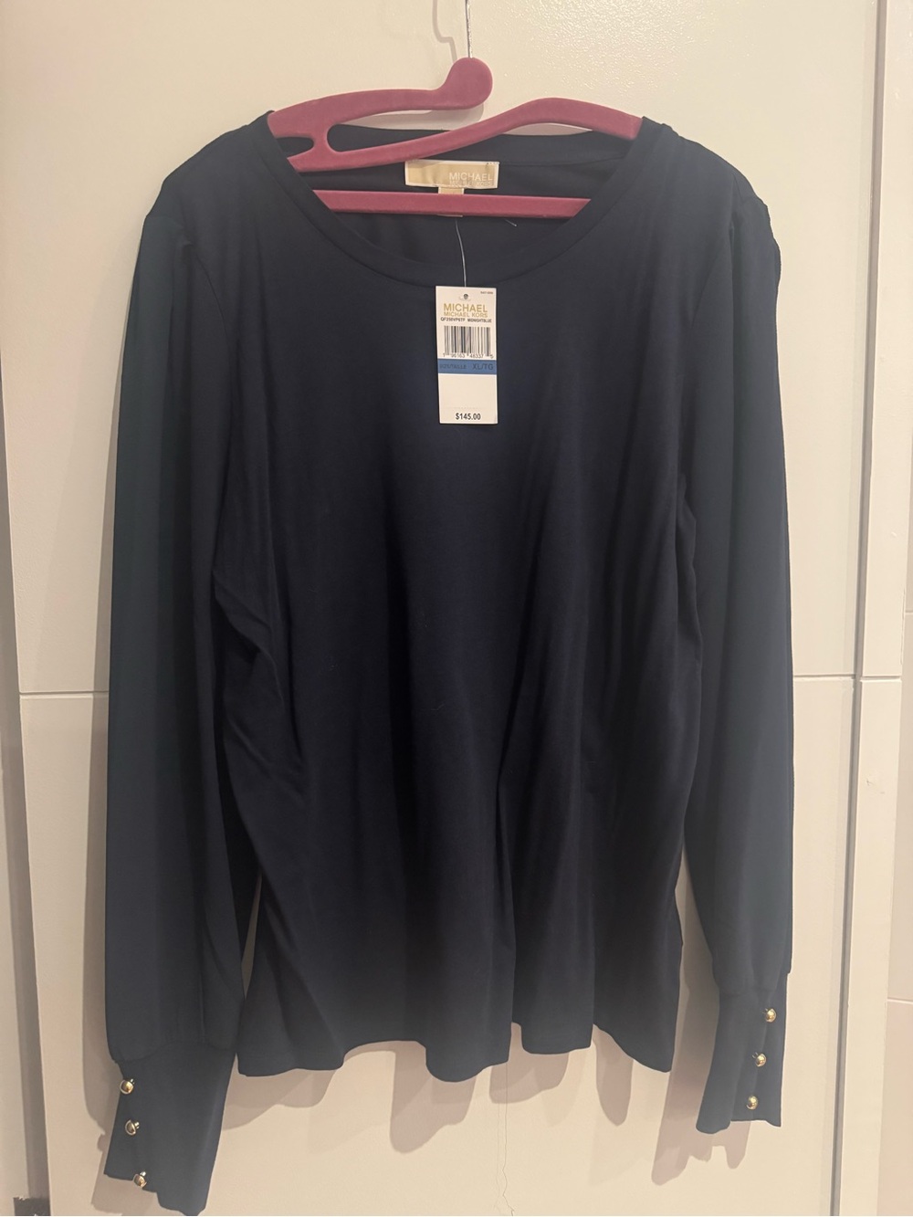 Michael Kors Dark Navy Long Sleeve Crew with Gold Cuff Buttons